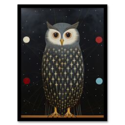 Wee Blue Coo Wall Art Print The Night Watch Man Surreal Cosmic Owl Portrait & Starry Sky Grey Blue Orange Oil Painting Art Framed - Size: A4 - thumbnail 1
