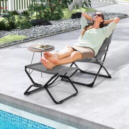 Costway Patio Folding Sling Chair Outdoor Portable Lounge Chair with Footrest in Grey - thumbnail 3