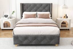 ModernLuxe Upholstered single bed with headboard & wooden legs in Grey - thumbnail 6