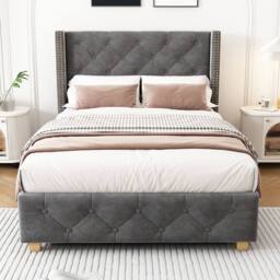 ModernLuxe Upholstered single bed with headboard & wooden legs in Grey - thumbnail 4