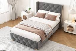 ModernLuxe Upholstered single bed with headboard & wooden legs in Grey - thumbnail 7
