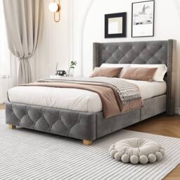 ModernLuxe Upholstered single bed with headboard & wooden legs in Grey - thumbnail 1