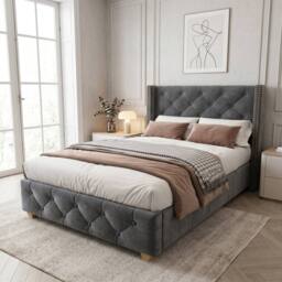 ModernLuxe Upholstered single bed with headboard & wooden legs in Grey - thumbnail 2