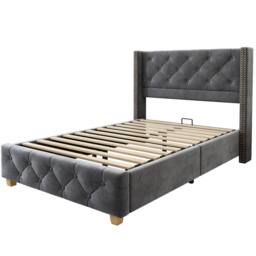 ModernLuxe Upholstered single bed with headboard & wooden legs in Grey - thumbnail 9