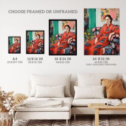 "Wee Blue Coo Wall Art Print Serious Pattern Clasher Woman Lounge Posing for Portrait Red Green Blue Oil Painting Poster - Size: W18"" x H24""" - thumbnail 3