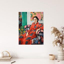 "Wee Blue Coo Wall Art Print Serious Pattern Clasher Woman Lounge Posing for Portrait Red Green Blue Oil Painting Poster - Size: W18"" x H24""" - thumbnail 4
