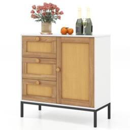 Gymax Rattan Sideboard Buffet Cabinet with 1 Door & 3 Drawers in White - thumbnail 2