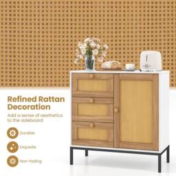 Gymax Rattan Sideboard Buffet Cabinet with 1 Door & 3 Drawers in White - thumbnail 5