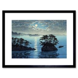 "Artery8 Nature Landscape Japan Futago Island Kawase Hasui Moon Framed Art in Blue - Size: W12"" x H16""" - thumbnail 1