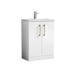Balterley Bathroom Vanity Basin Unit, Brushed Brass Handles, 600mm, Gloss White