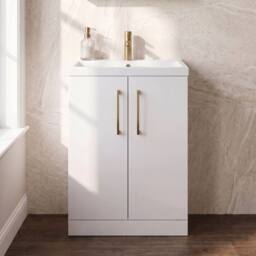 Balterley Bathroom Vanity Basin Unit, Brushed Brass Handles, 600mm, Gloss White - thumbnail 4