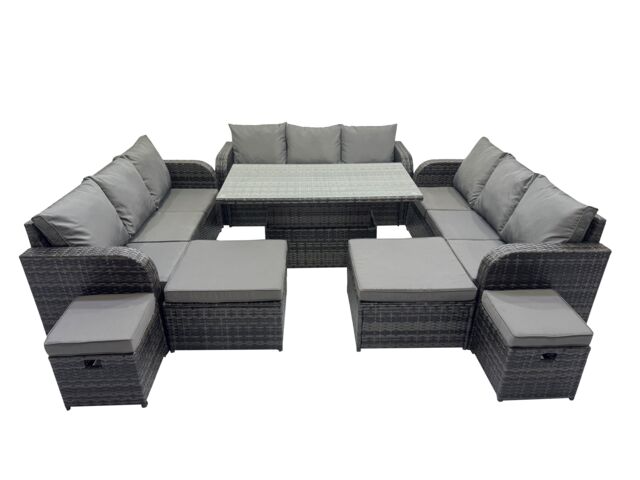 Fimous Rattan Garden Furniture Dining Set 13-seater with 4 Footstools in Dark Grey - image 1