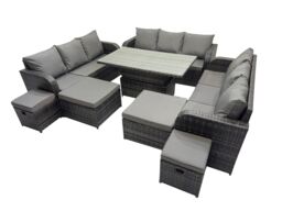 Fimous Rattan Garden Furniture Dining Set 13-seater with 4 Footstools in Dark Grey - thumbnail 2