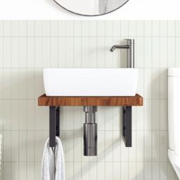 Berkfield Home Basin Shelf Wall Mounted Steel & Solid Wood Oak in Brown - thumbnail 3
