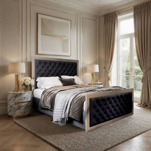 Casani Launceston Upholstered Soft Velvet Black Metal Designer Bed Frame - Size: Small Double - image 1