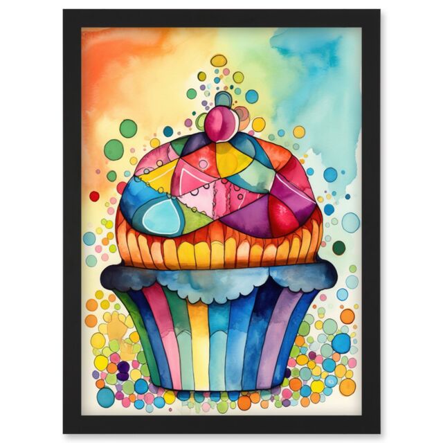 Artery8 Cupcake With Colourful Frosting Watercolour Folk Art Painting Artwork Framed Wall Art Print A4 in Black - image 1
