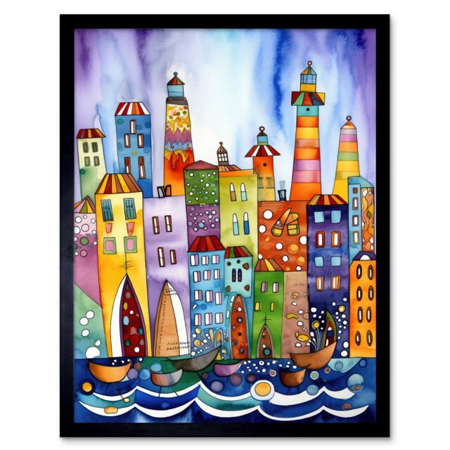 "Artery8 Wall Art Print Canal Area Folk Art Watercolour Painting Art Framed in Black - Size: W12"" x H16""" - image 1