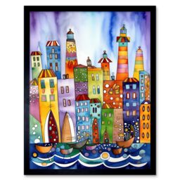 "Artery8 Wall Art Print Canal Area Folk Art Watercolour Painting Art Framed in Black - Size: W12"" x H16""" - thumbnail 1