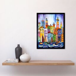 "Artery8 Wall Art Print Canal Area Folk Art Watercolour Painting Art Framed in Black - Size: W12"" x H16""" - thumbnail 2
