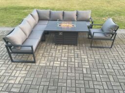 Fimous Aluminium 7 Pieces Garden Furniture Corner Sofa Set with Cushions Gas Fire Pit Dining Table Set with Chair Dark Grey - thumbnail 2