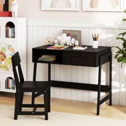Gymax Desk & Chair Set Wooden Study Desk Set With Drawer & Chair in Black - thumbnail 5