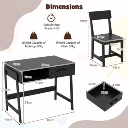 Gymax Desk & Chair Set Wooden Study Desk Set With Drawer & Chair in Black - thumbnail 2