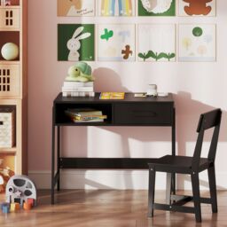 Gymax Desk & Chair Set Wooden Study Desk Set With Drawer & Chair in Black - thumbnail 4