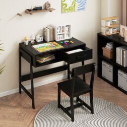 Gymax Desk & Chair Set Wooden Study Desk Set With Drawer & Chair in Black - thumbnail 3