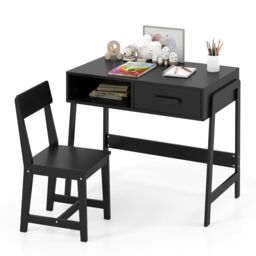 Gymax Desk & Chair Set Wooden Study Desk Set With Drawer & Chair in Black - thumbnail 1