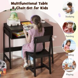 Gymax Desk & Chair Set Wooden Study Desk Set With Drawer & Chair in Black - thumbnail 8