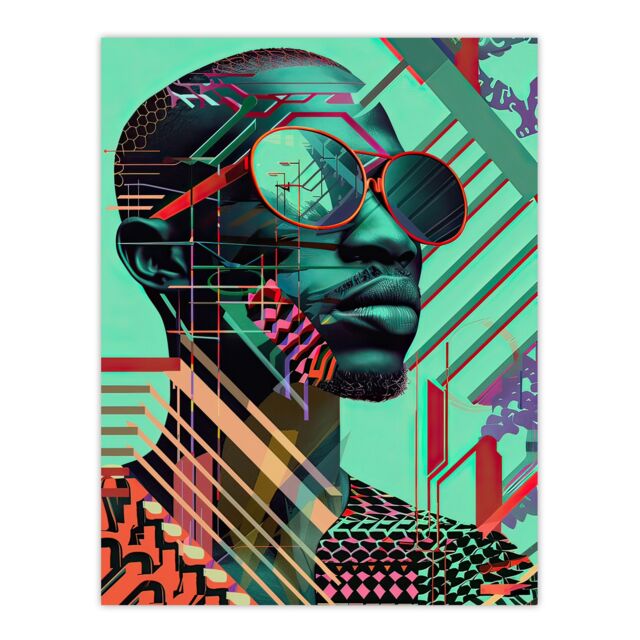 "Artery8 Futuristic African Man Shades Portrait Teal Bold Wall Art Print in Green - Size: W24"" x H32""" - image 1
