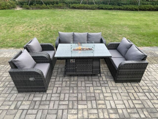 Fimous Garden Patio Furniture Wicker Rattan Gas Fire Pit Table & Sofa Chair set Dark Grey Mixed - image 1