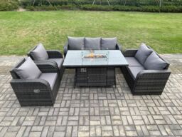 Fimous Garden Patio Furniture Wicker Rattan Gas Fire Pit Table & Sofa Chair set Dark Grey Mixed - thumbnail 1
