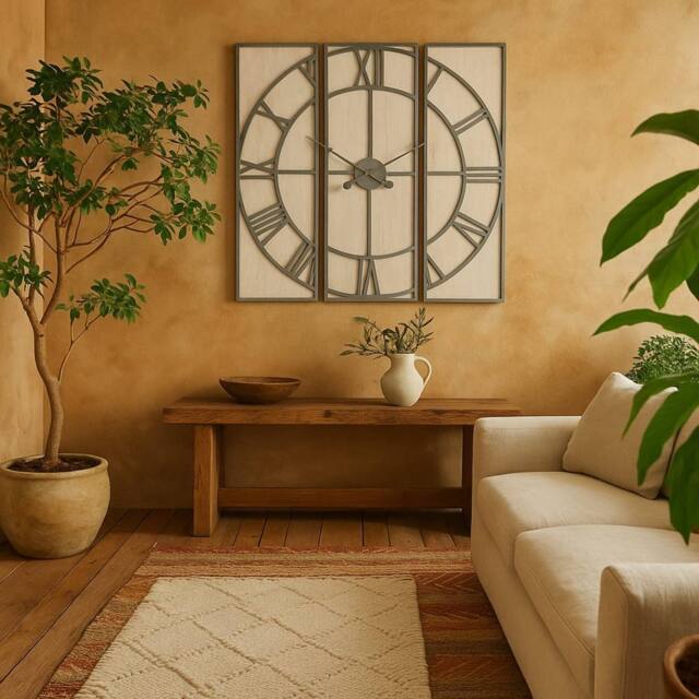 Wyld Haus Oversized 3 Panel Roman Numeral Open Frame Wall Clock in Silver - image 1