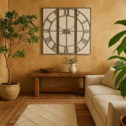 Wyld Haus Oversized 3 Panel Roman Numeral Open Frame Wall Clock in Silver - thumbnail 1
