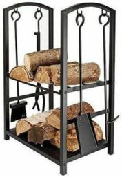 Marco Paul Large Fireplace Log Rack & Tools Set Black Steel Firewood Holder Storage 73cm