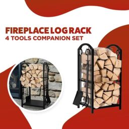 Marco Paul Large Fireplace Log Rack & Tools Set Black Steel Firewood Holder Storage 73cm - thumbnail 4