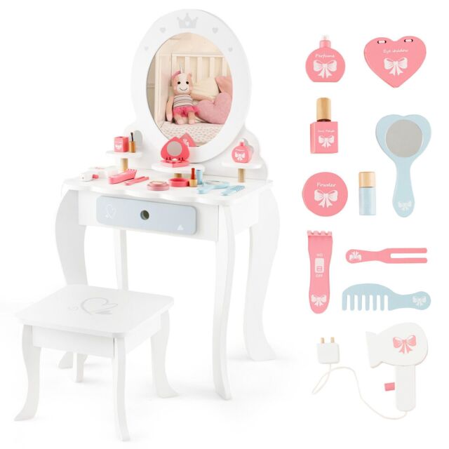 Costway 2-in-1 Vanity Set Makeup Table & Chair Set w/ Removable Mirror for Kids 3+ in White - image 1