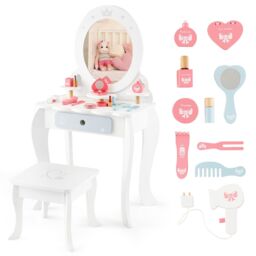 Costway 2-in-1 Vanity Set Makeup Table & Chair Set w/ Removable Mirror for Kids 3+ in White