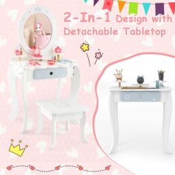 Costway 2-in-1 Vanity Set Makeup Table & Chair Set w/ Removable Mirror for Kids 3+ in White - thumbnail 5