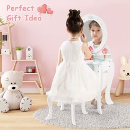 Costway 2-in-1 Vanity Set Makeup Table & Chair Set w/ Removable Mirror for Kids 3+ in White - thumbnail 4