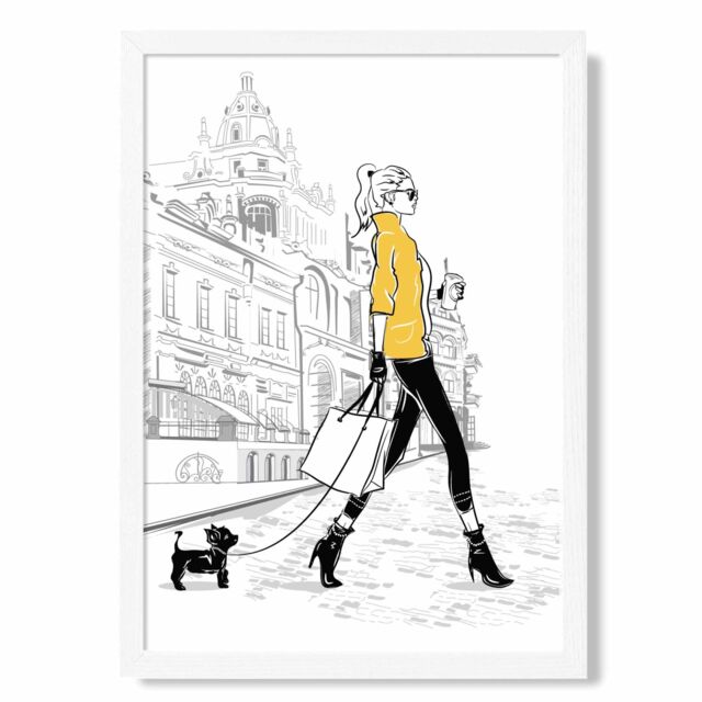 ARTZE Paris Street with Dog Style & Fashion Sketch Framed Print SIZE: A4 with White Frame in Yellow - image 1