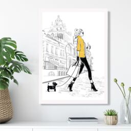 ARTZE Paris Street with Dog Style & Fashion Sketch Framed Print SIZE: A4 with White Frame in Yellow - thumbnail 2