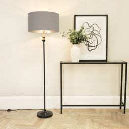 ValueLights Maggie Black Candlestick Floor Lamp with Grey & Metallic Chrome Shade & Bulb - thumbnail 1