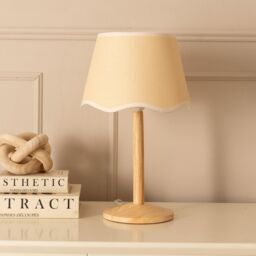 ValueLights Triston Natural Light Wood Table Lamp with Scallop Trim Tapered Shade & LED Bulb in White - thumbnail 3
