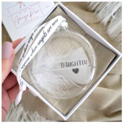 Amaya Rose Ltd In Memory of Daughter Feather Round Bauble Gift Boxed. Memorial Décor in Clear - thumbnail 1