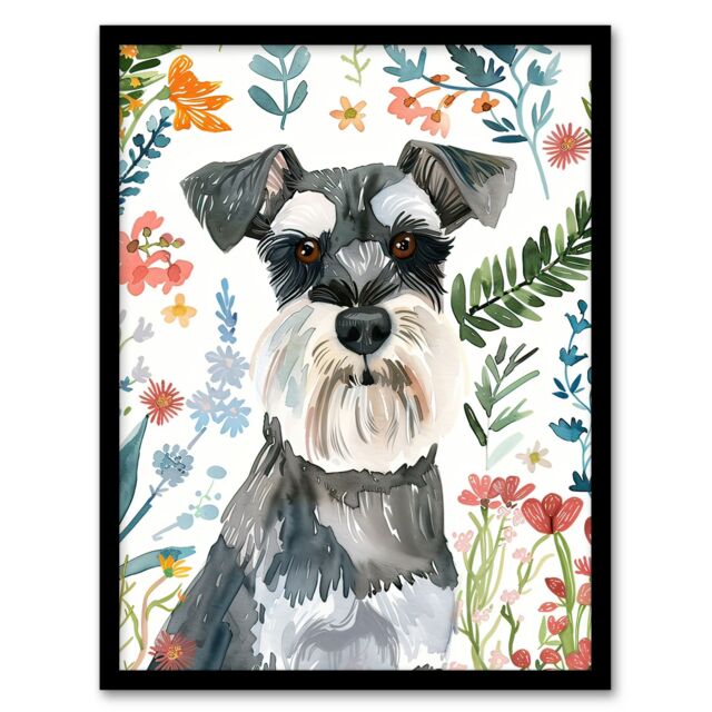 Artery8 Dog Lover Miniature Schnauzer Floral Portrait Framed Wall Art - Size: A4 - image 1