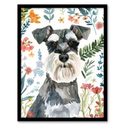 Artery8 Dog Lover Miniature Schnauzer Floral Portrait Framed Wall Art - Size: A4 - thumbnail 1