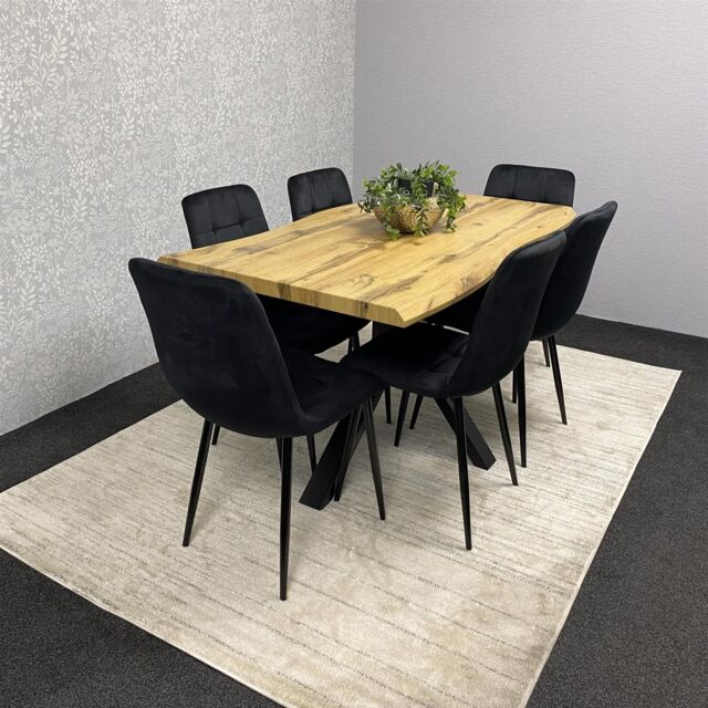 KOSY KOALA Wooden Dining Table with 6 Black Velvet Chairs, Stylish Dining Room Furniture in Brown - image 1