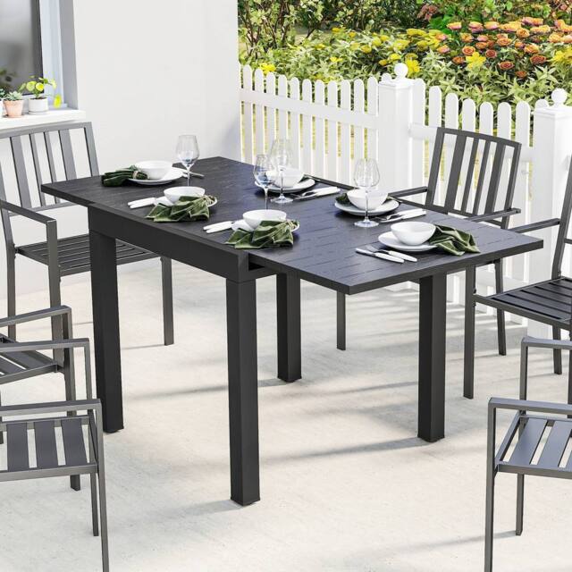 OUTSUNNY Aluminium Extending Garden Table with Faux Wood Slatted Top, Black - Size: 160 cm x 80 cm - image 1